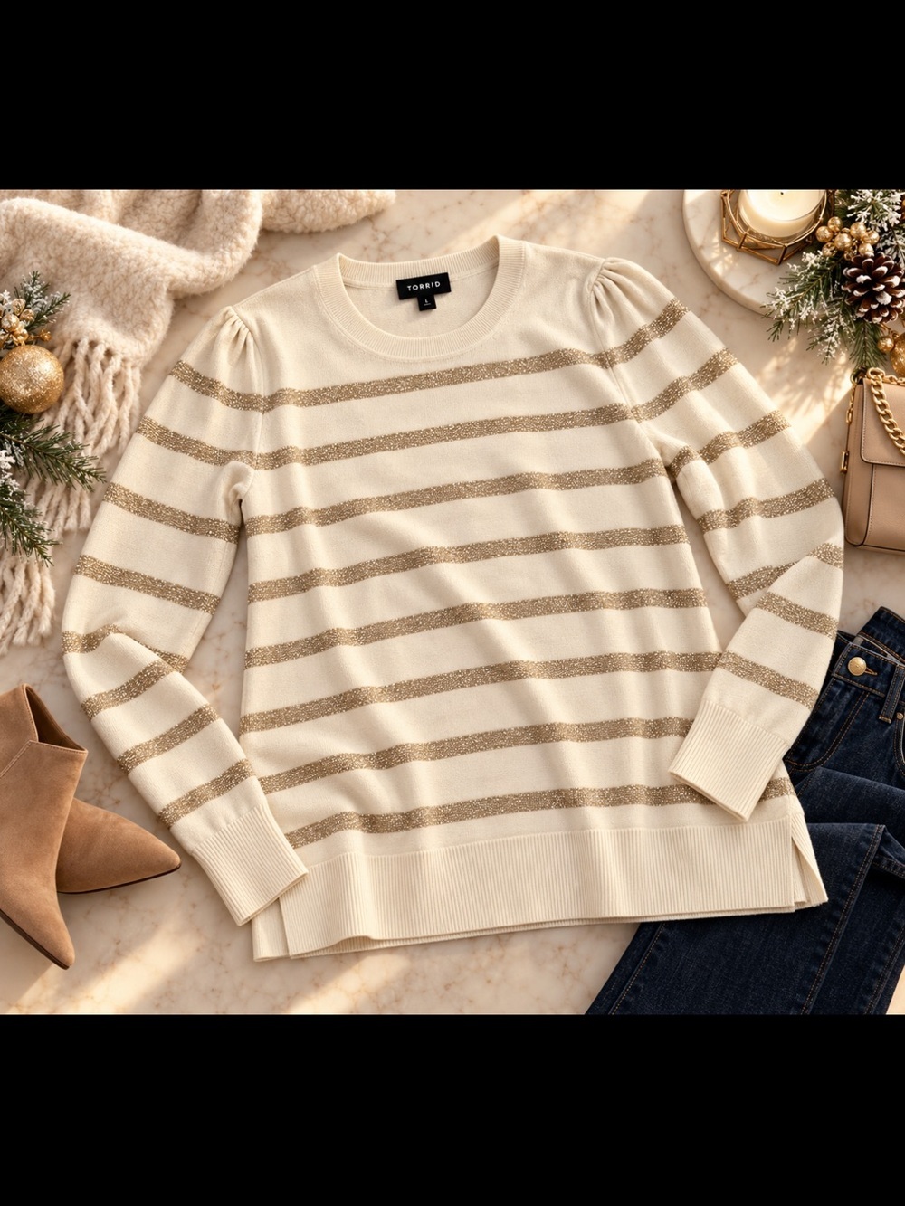 torrid Cream Sweater with Metallic Gold Stripes